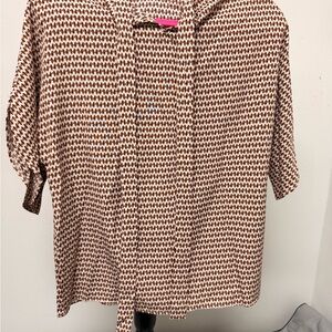 Women's Geometric Brown & Cream  Retro Short-Sleeve Top Tie Neck